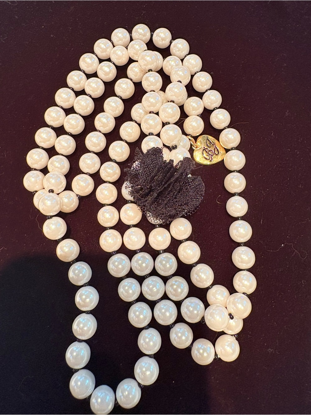 Vintage Betsey Johnson Long Pearl Necklace with Black Polka Dot Lace Flowers 44”